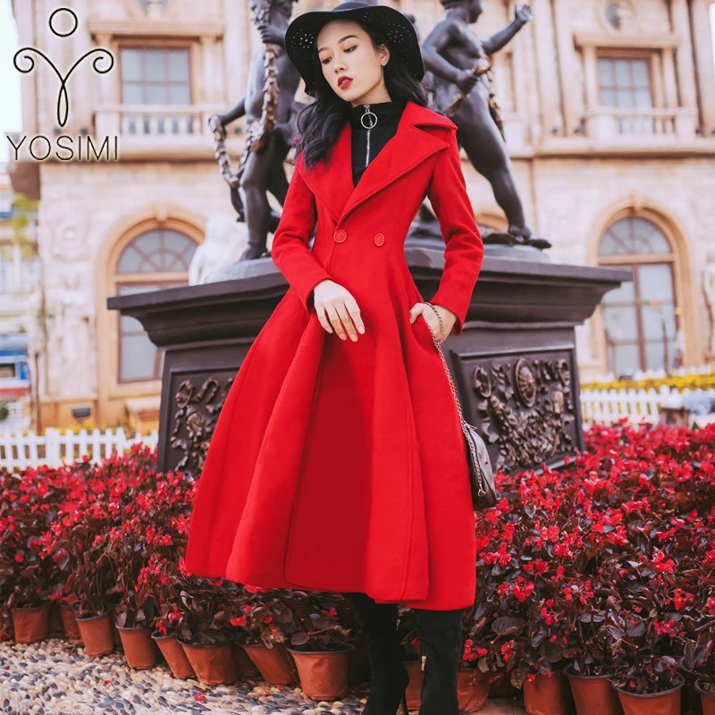 

YOSIMI 2019 Autumn Winter Wool Coat Women Elegant Woolen Midi Women Coat Turn-down Collar Brand Clothing Red Coat Wool Jacket