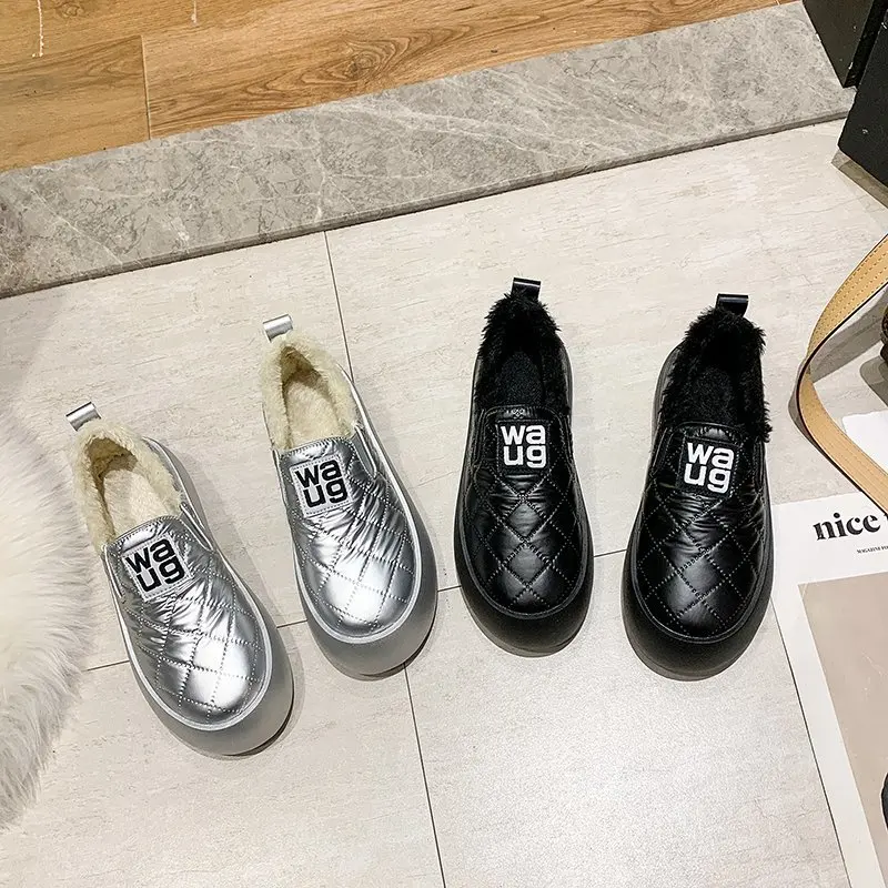 

Fashion Women Flat Boots 2020 Winter New Round Toe Slip-On Ankle Booties Woman Casual Thicken Keep Warm Furry Shoes Female 35-40