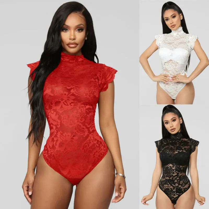 

Sexy Women Lady Short Sleeve Romper Jumpsuit Stretch Lace Turtleneck Bodysuit Leotard Tops