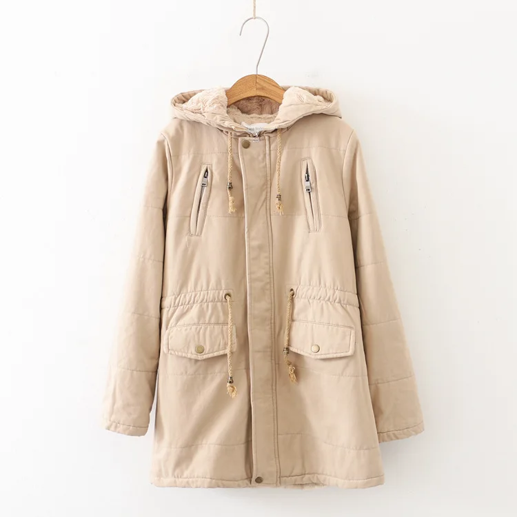 

Japanese-style Hipster Workwear plus Velvet Mid-length Cotton Coat Hooded Winter New Style Coat Students Cotton-padded Clothes W