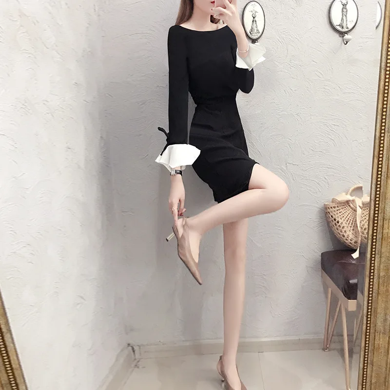 

2019 New Style Fashion Elegant Bell Sleeve Black And White with Pattern Dress Autumn Slim Fit Skirt Children Mid-length