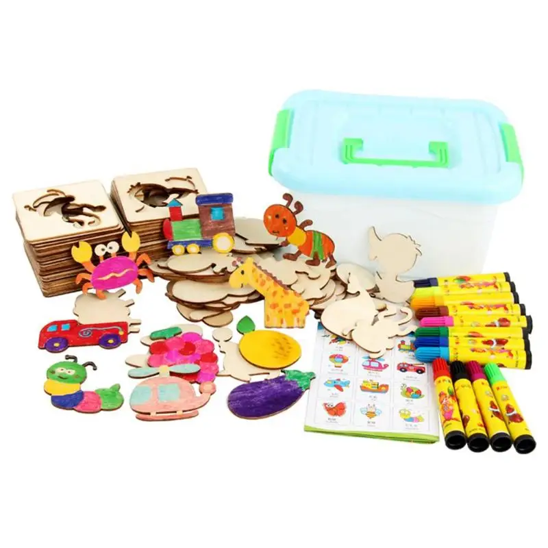 Multi-function 48pcs Graffiti Painting Templates Wooden Auxiliary Kids Early Teaching Learn Jigsaw Puzzle Drawing Toys