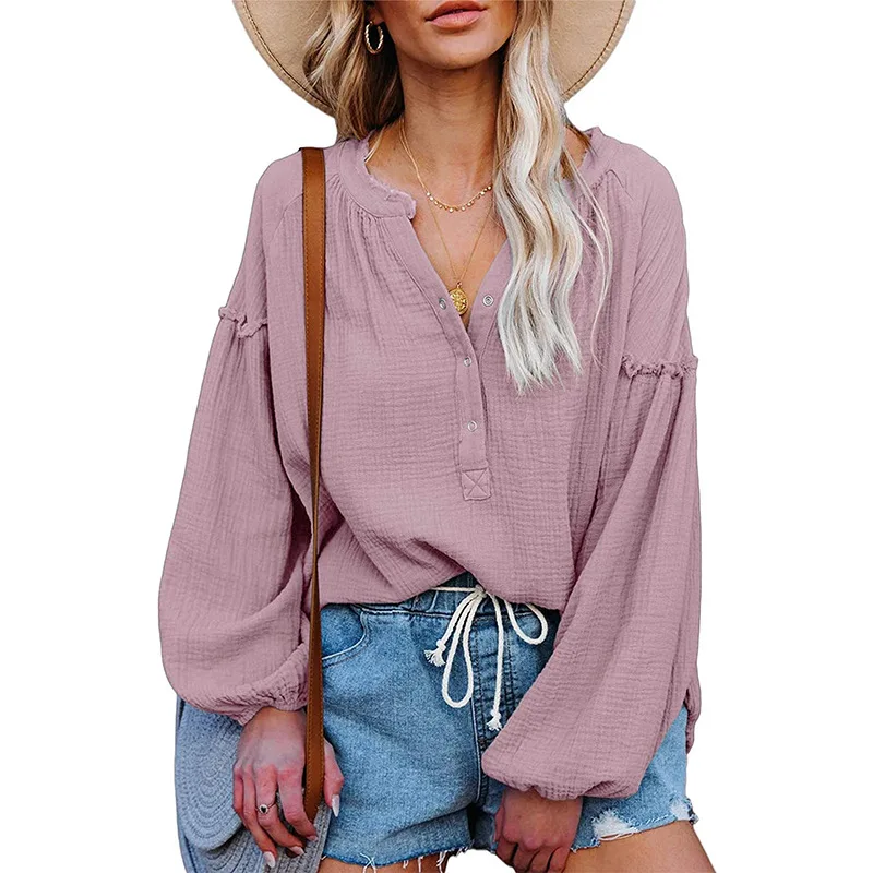 

Autumn Casual Women Loose V-neck Fashion Lantern Sleeve Cotton Shirt Pullover Button Retro Lantern Sleeve Shirt Solid Shirt