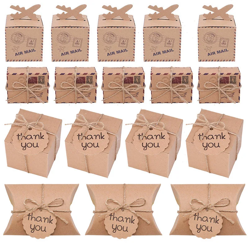 

10/20/30pcs Creative Travel Square Box Pillow Style with Thank You Card Candy Box Wedding Event Party Kraft Paper Gift Boxes