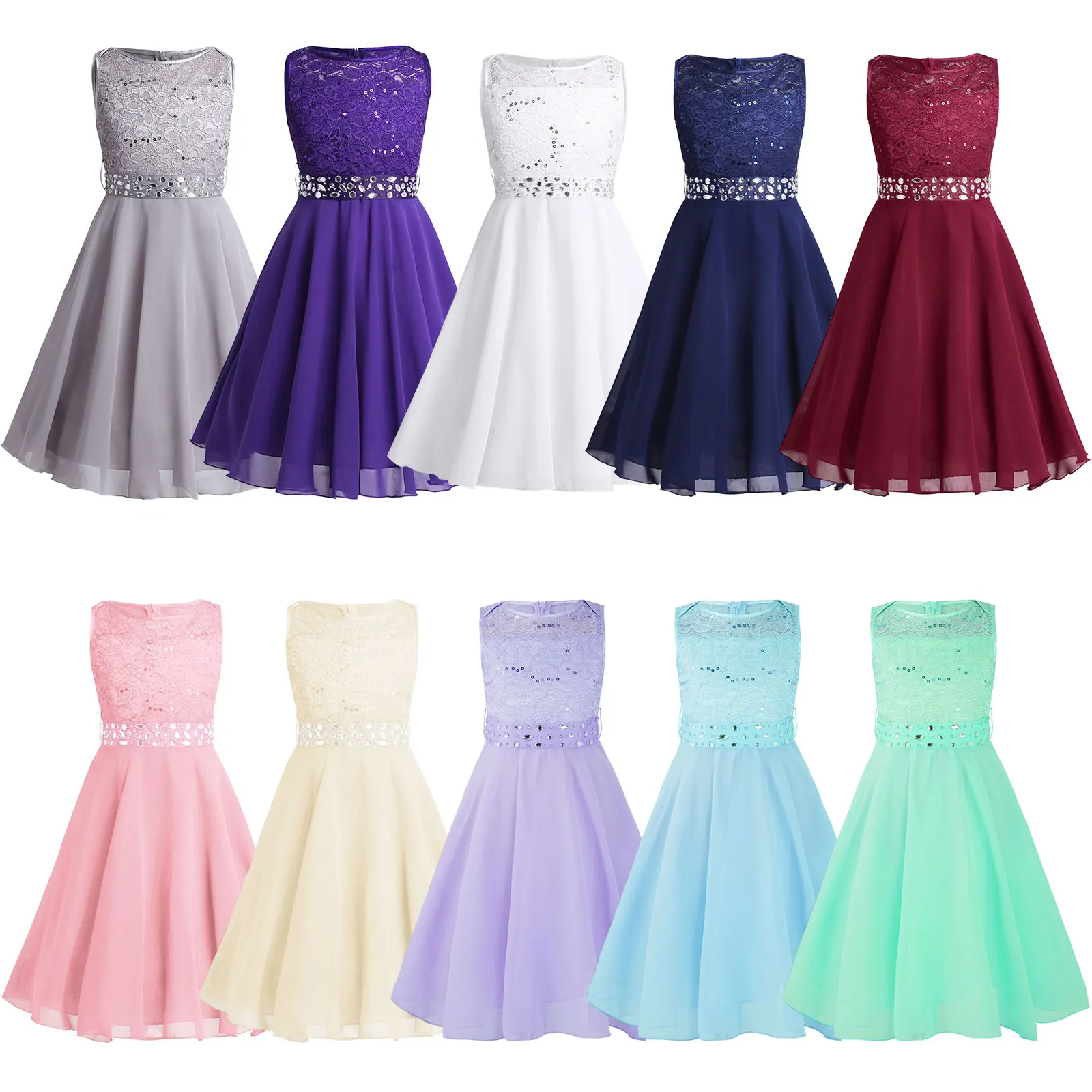 Girls Dress Flower Girls Dress Kids Teen Girls Summer Dress Sequined Floral Lace Chiffon Princess Pageant Wedding Bridesmaid Birthday