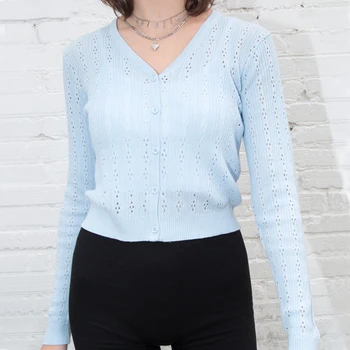 

2020 Autumn Women Button Through Crop Pointelle Knit Cardigan Draw-string Cardigans Women Deep V Neck Cropped Cardigan