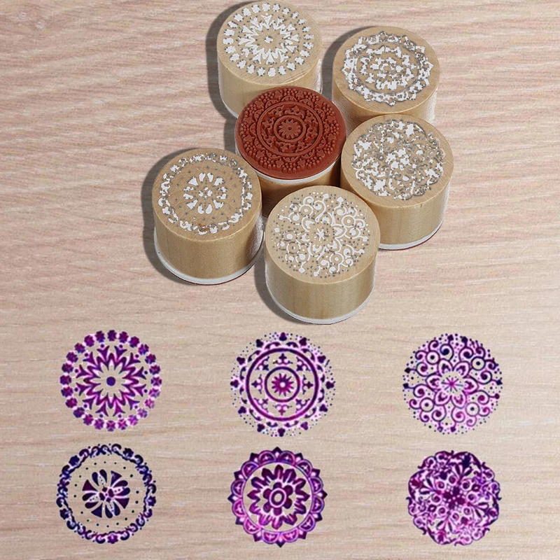 

6 Assorted Wooden Rubber Stamp Round Handwriting Floral Flower Craft