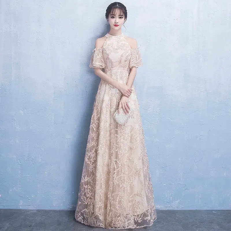 Элегантное Длинное китайское женское современное платье Qipao Robe De Soiree женские платья длинные кружевные Новые Вечерние Роскошные платья - Цвет: Champagne 4