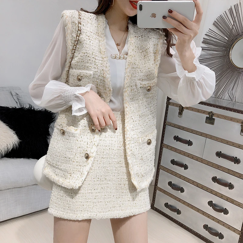 

Tweed sleeveless jacket + skirt suit wire fabric 2020 spring / autumn women's jacket ladies woolen fashion 2 piece skirt suit