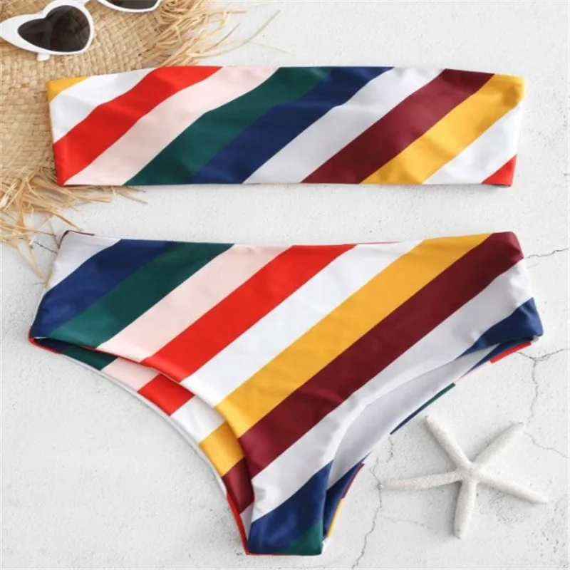 2020 new rainbow striped print bikini women's summer fashion beach swimsuit high waist swimsuit Bquini