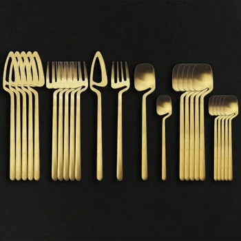 

24Pcs Gold Matte Dinnerware Cutlery Set 18/10 Stainless Steel Flatware Knife Fork Teaspoon Silverware Set KitchenTableware Set