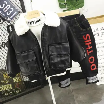 

kids casual set Toddler Kids Baby Boys winter Faux leather jacket,T-shirts,jeans Outfits Clothes 3pcs Set boys Clothes set 2-6Y