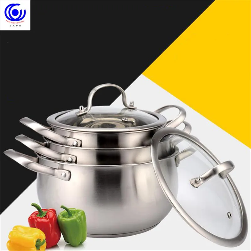Thickened bottom stainless steel soup pot with double handle glass cover induction gas cooker non-stick it mouth 18/20/22/24 cm | Дом и сад