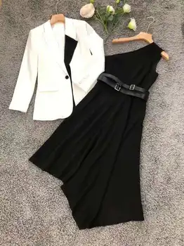 

Top Grade Designer Clothing Sets 2020 Autumn Blazer Suit Women Single Button Coat Jacket+Sexy One Shoulder Black Dress Set 2 pcs