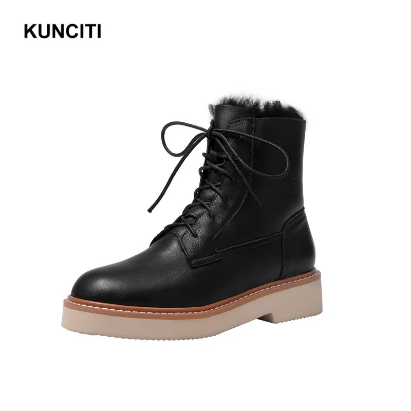 Black KUNCITI/ зимние сапоги из натуральной кожи на овечьем меху; женские зимние сапоги на шнуровке; женская теплая обувь розового цвета; меховые сапоги для женщин; D9256 - Цвет: Black