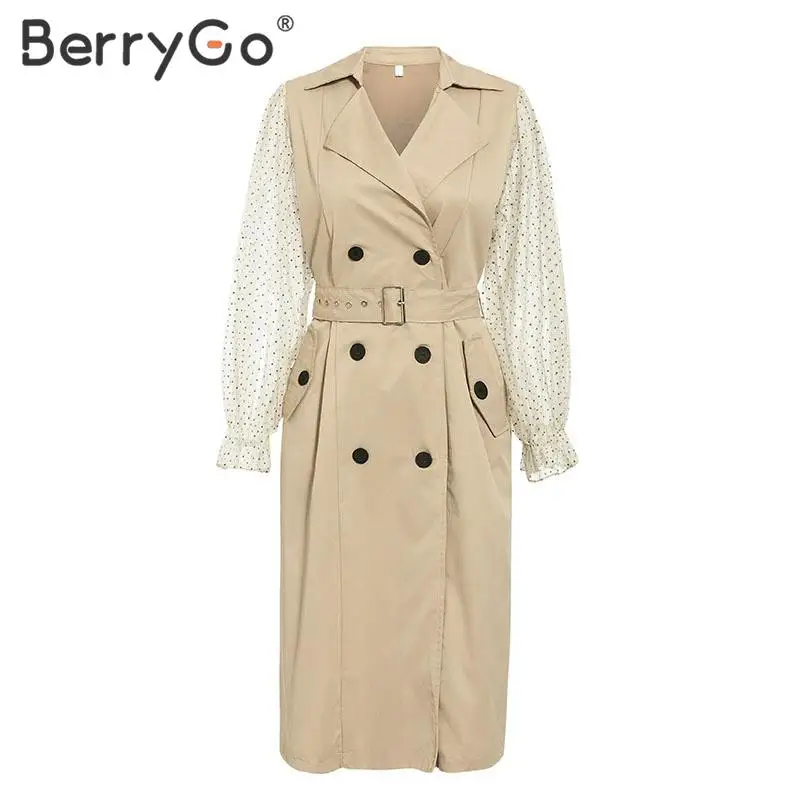 BerryGo, элегантное шикарное Женское пальто в горошек, лоскутное, прозрачное, с пышными рукавами, Женское пальто, на пуговицах, с карманами, для девушек, длинные тренчи