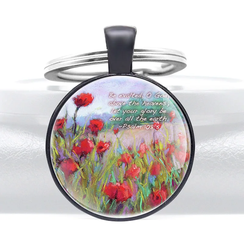 Oil Painting Flowers Bible Verse Glass Dome key Chain Key Ring Decoration Jewelry Gift Fashion Accessories | Украшения и