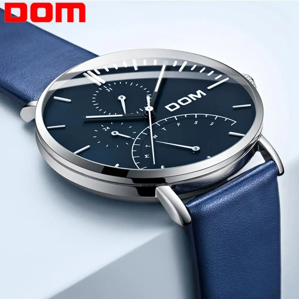 

Men Watches Luxury Brand Multi Function Mens Sport Quartz Watch Waterproof Leather Black Wrist Watch Men Clock M-511L-2M DOM