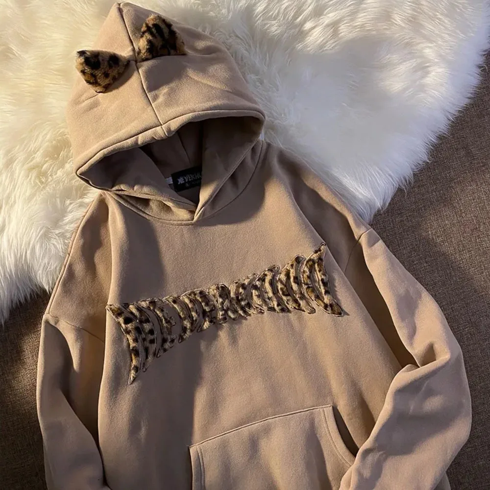 Женский пуловер в этническом стиле флисовый свитшот с капюшоном и леопардовым