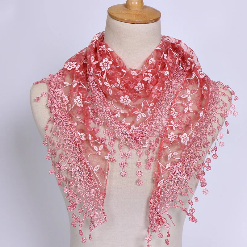 

Lace Tassel Scarf women floral hollow Triangle scarves solid color ladies print neckerchief colorful female Shawl simple fashion