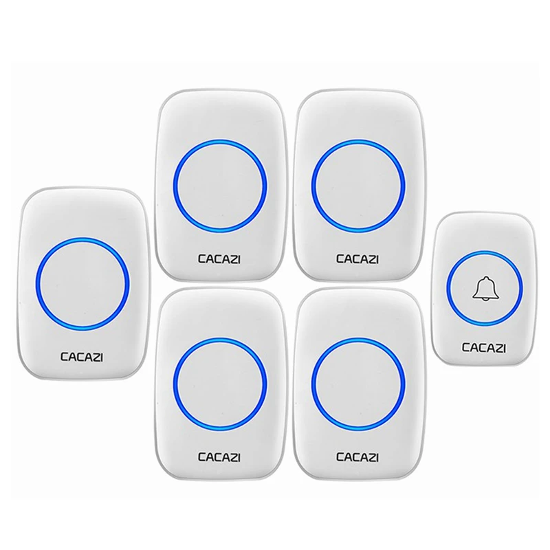 

CACAZI Wireless Doorbell Waterproof 1 Button 5 Receiver 300M Remote LED Night Light Call Bell 0-110 dB 60 Chimes US EU UK Plug