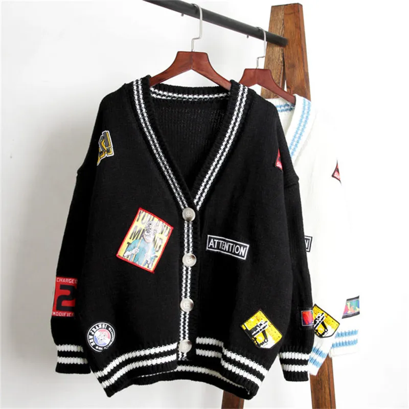Женские трикотажные изделия JK стиль студенческий короткий Свободный Вязаный Кардиган корейский цветной блок свитера с вышивкой винтажные толстые свитера - Цвет: Черный
