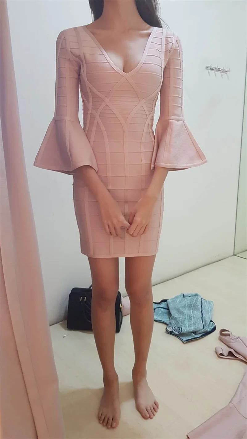 Flare Sleeve Deep V Neck Cutout Dress Women Bodycon Celebrity Evening Party Club Vestidos Stretch Mini Winter Bandage Dresses