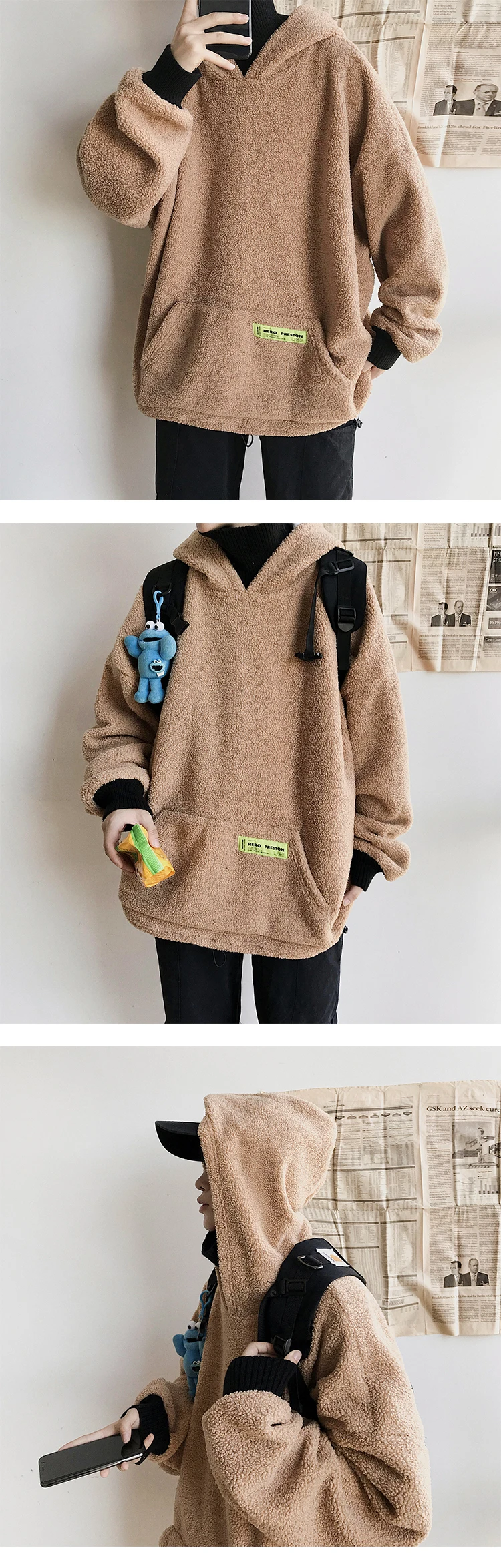 Liketkit, зимние толстовки, мужские,, свободные, флисовые, плотные, поддельные, две части, толстовки, овечья шерсть, пуловеры, мужские, однотонные, стиль Харадзюку, уличная одежда