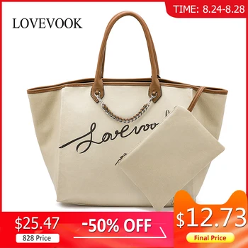 

LOVEVOOK handbag women big shopping bag canvas PU purses and handbags female tote school bags for women 2 bag set foldable 2020