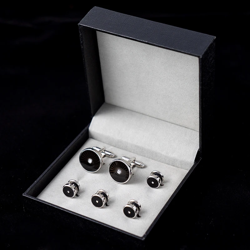 Gemelos de esmalte negro de moda con caja de regalo, gemelos de forma redonda, decoración de diamantes de imitación, camisa de esmoquin, regalo de joyería para hombres