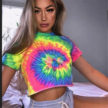 

Fashion Women Ladies Short Sleeve O neck Summer Exposed Umbilicus Tie-dye T shirt Tops Casual Loose Short Clothes