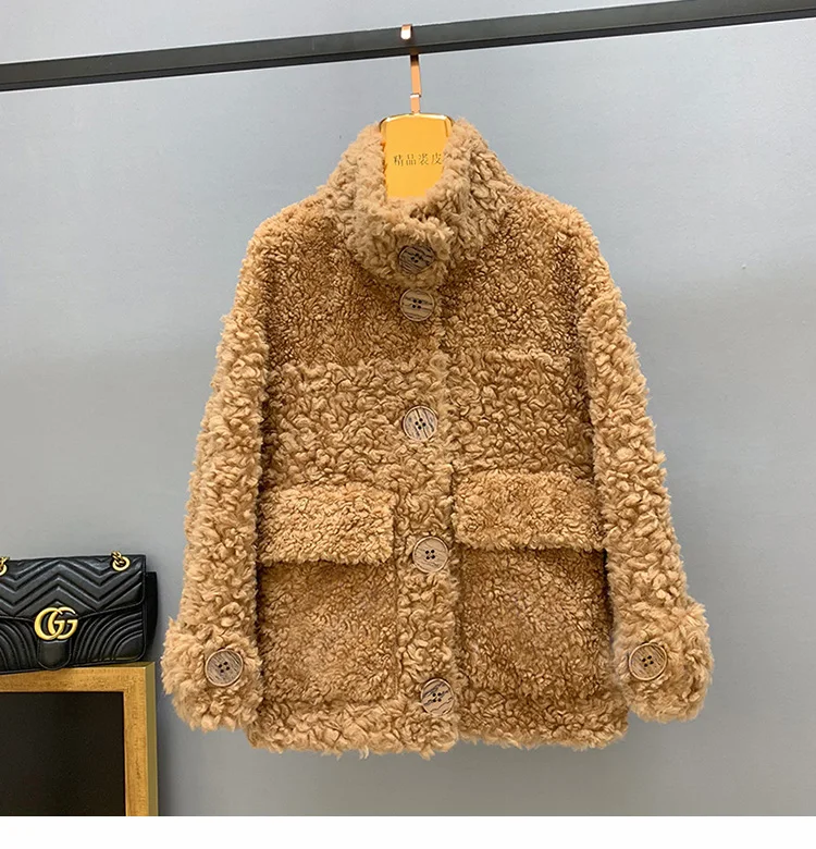 Sheep Sheared Jackets Winter Women Female Real Lamb Fur Single Breasted Coat New Calorie Roll Stand Collar Streetwear