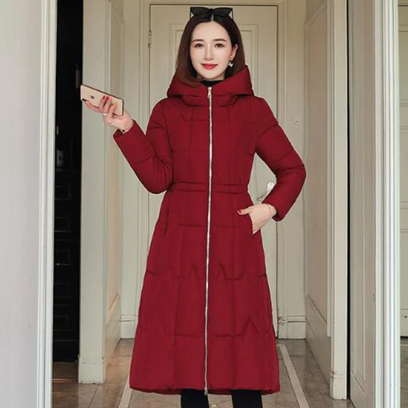 

High Quality Plus Size Women Winter Jacket X-Long Hooded Cotton Padded Womens Coat Thick Casual Slim Female Parka Solid Outwear