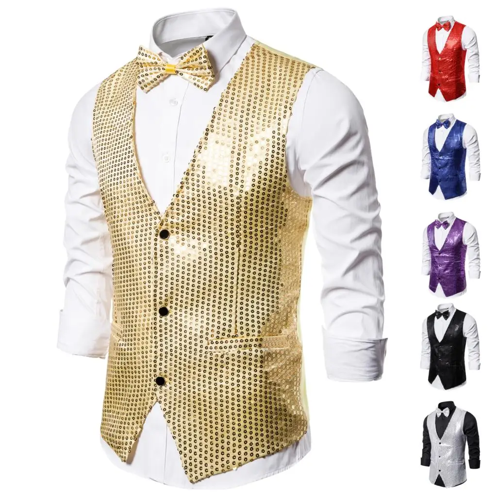 2019 New Mens Shiny Sequin Glitter Vest With Bow Tie Wedding Prom Slim