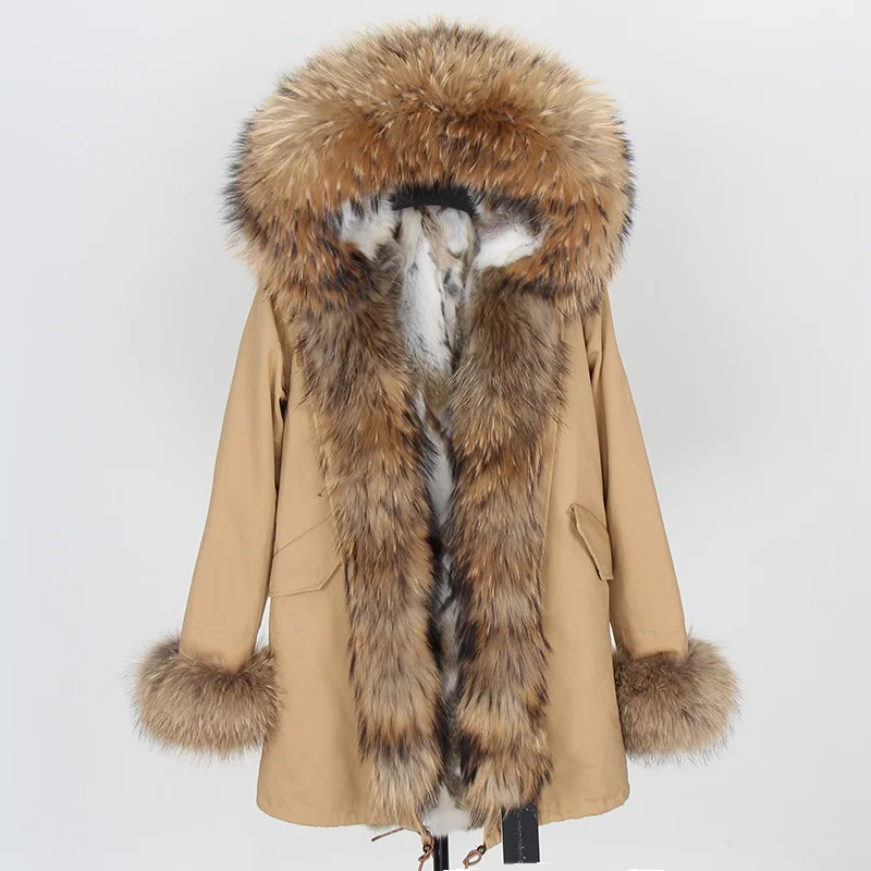 Новое кожаное пальто женский модный теплый кроличий мех супер большой воротник из меха енота длинная куртка Паркера женский