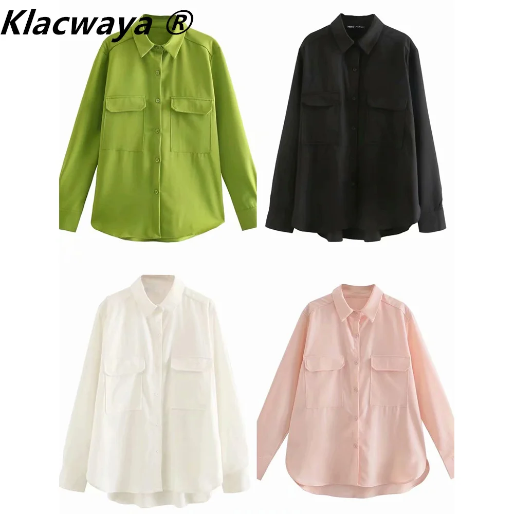 

Klacwaya Women's Shirt Spring And Summer New Style 2021 Lapel Long-Sleeved Loose Single-Breasted Blouse With Pocket Drape Shirts