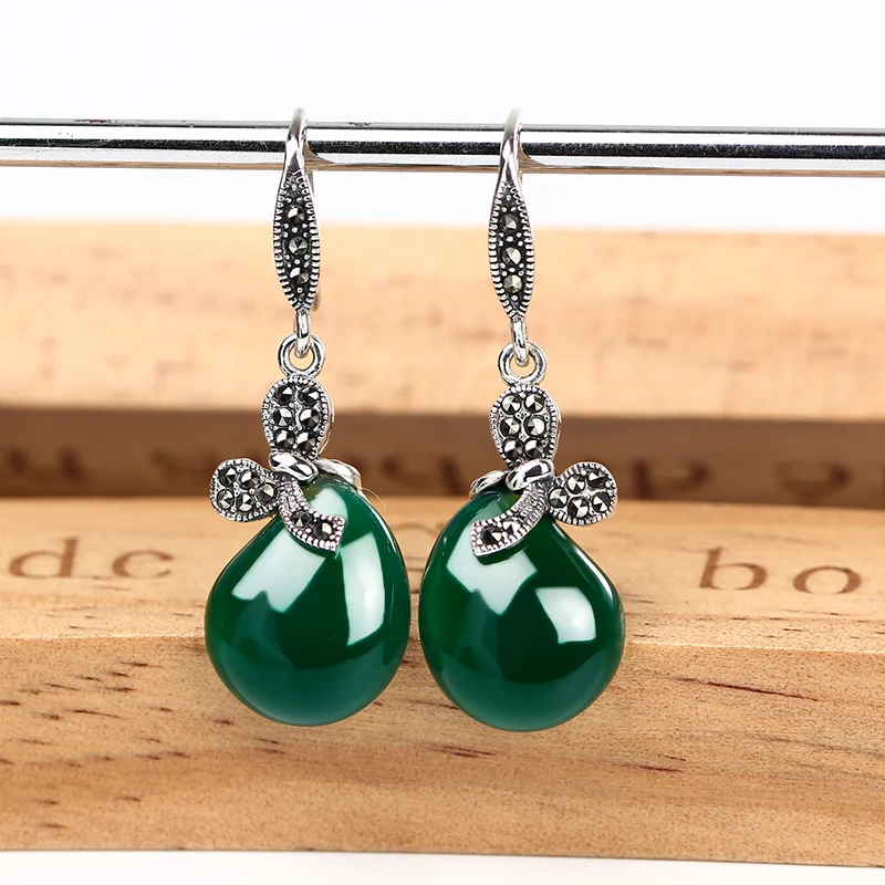

ZHJIASHUN Chalcedony Agate 100% 925 Sterling Silver Drop Earrings For Women Vintage Bowknot Natural Gemstones Earring Jewelry