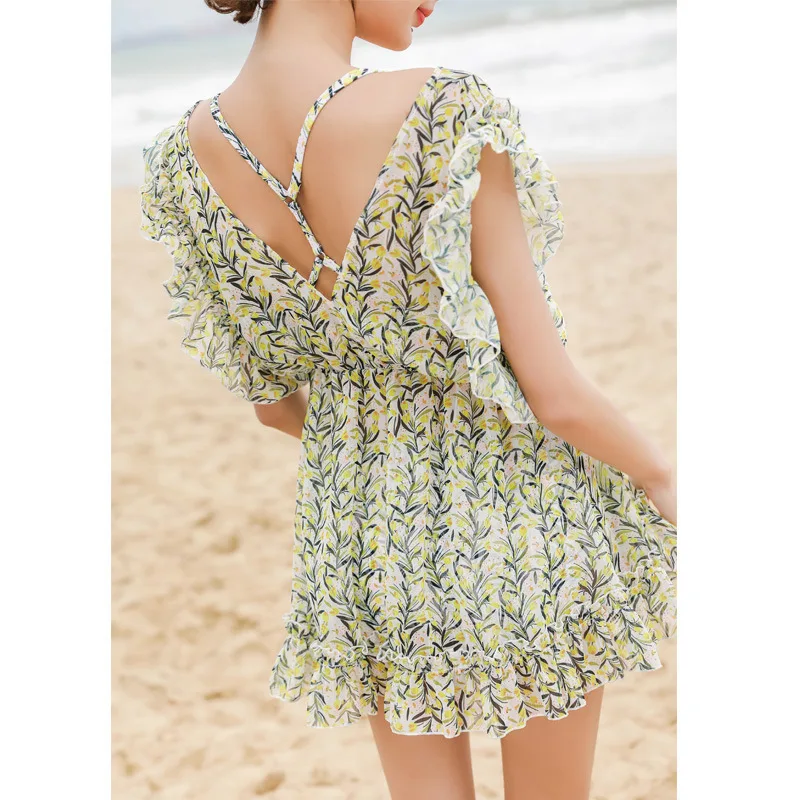 

Two-piece Swimsuits Women's Three-piece Set Bikini Sexy Small Bust Gathering Belly Covering Chiffon Blouse Boxer Bubble Hot Spri