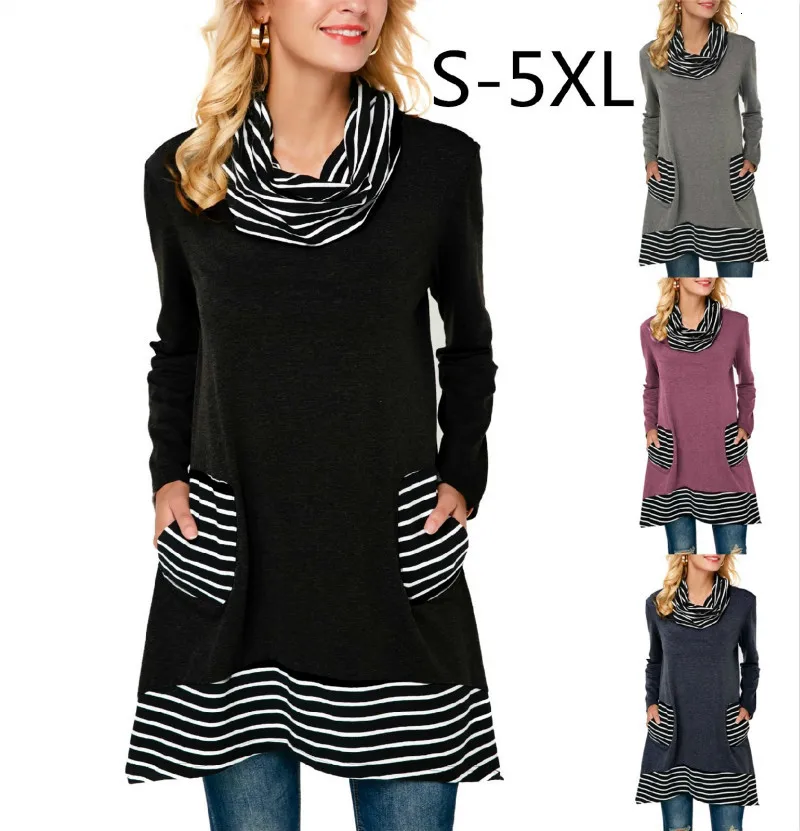 Модная футболка Zwart Wit Gestreepte Vrouwen Lange Mouw, Coltrui Vrouwelijke, футболка Zomer Elegante Losse, повседневные футболки Grote Maat