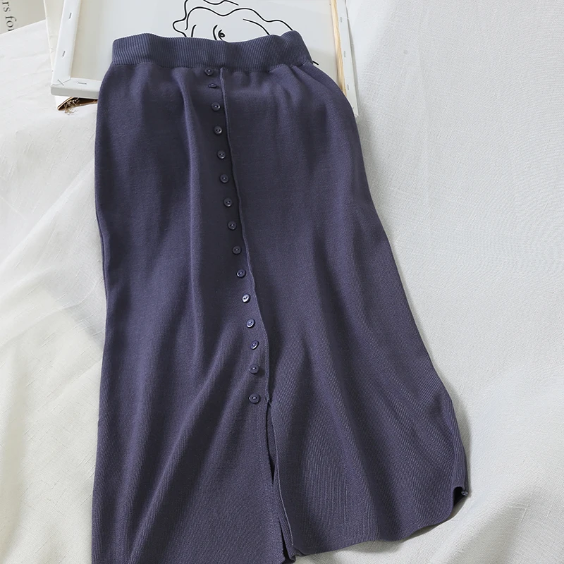 navy blue Женский свитер средней длины, юбка, Осень-зима, эластичная, высокая талия, на пуговицах, вязаные юбки, женские, подходят ко всему, с разрезом, трапециевидная юбка, AB1703 - Цвет: navy blue