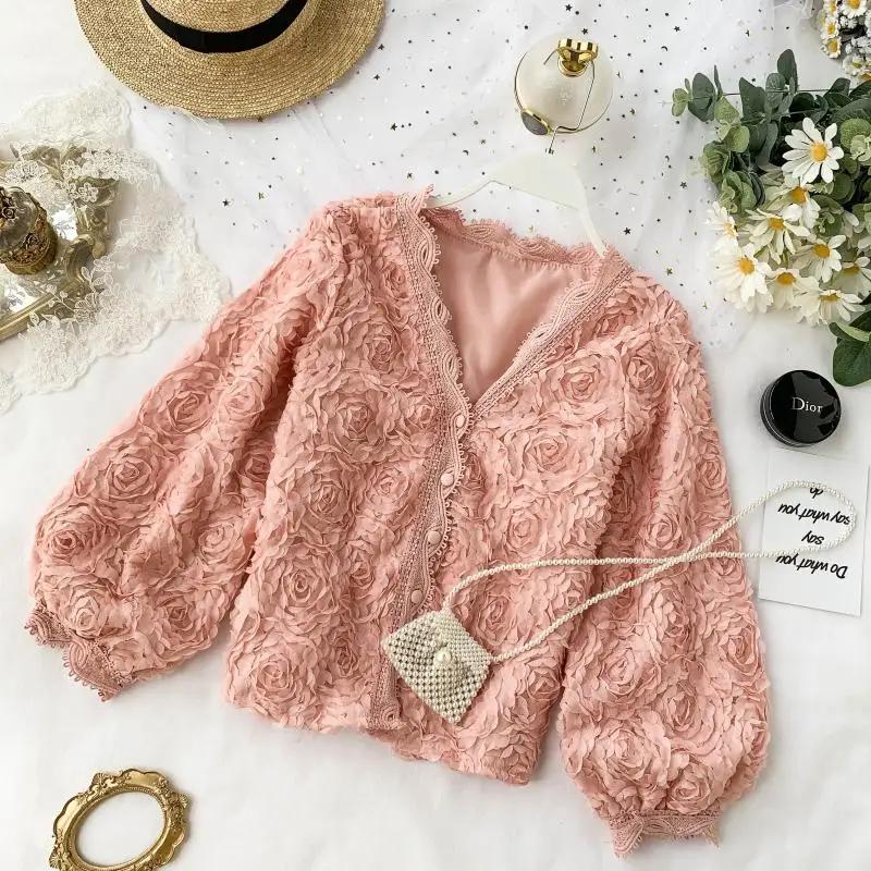 

2019 new fashion women's Short coat French sweet three-dimensional flower western puff sleeve