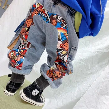 

Children's Pants 2020 Spring New Men's and Women's Casual Jeans Overalls Loose Hip Hop Graffiti Thin Pants