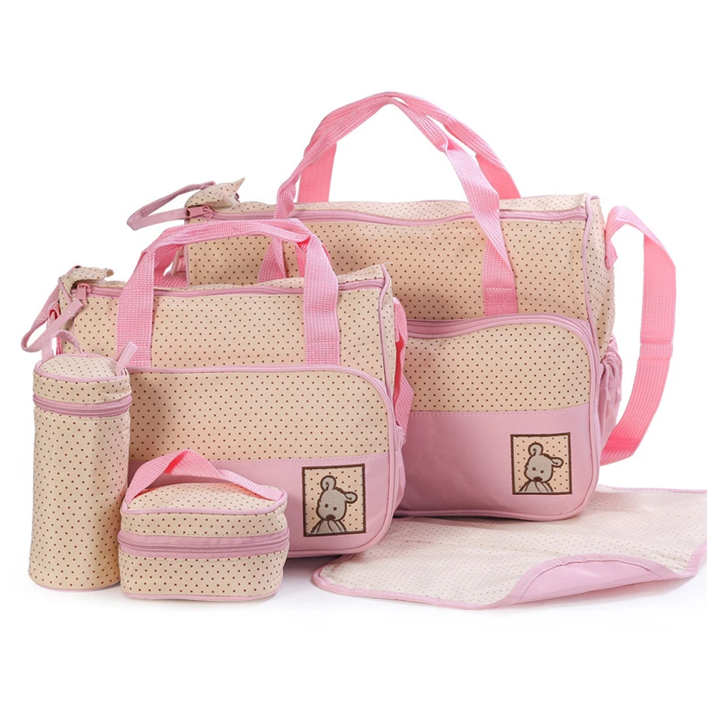 

5pcs Baby Dots Print Waterproof Diaper Bags Set Hospital For Mom Organizer Large Capacity Changing Nappy Stroller Straps Durable