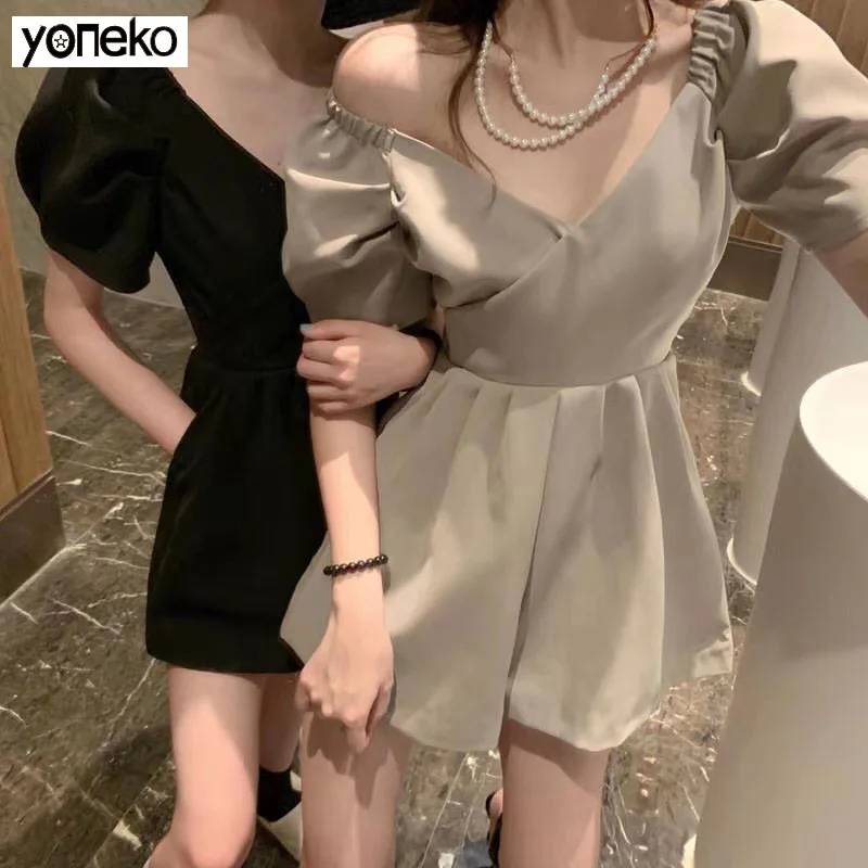 

Yoneko Sexy Slash Neck Strapless Playsuits 2020 Summer Short Sleeve Rompers Korean Solid High Waist Wide Leg Jumpsuits KM92
