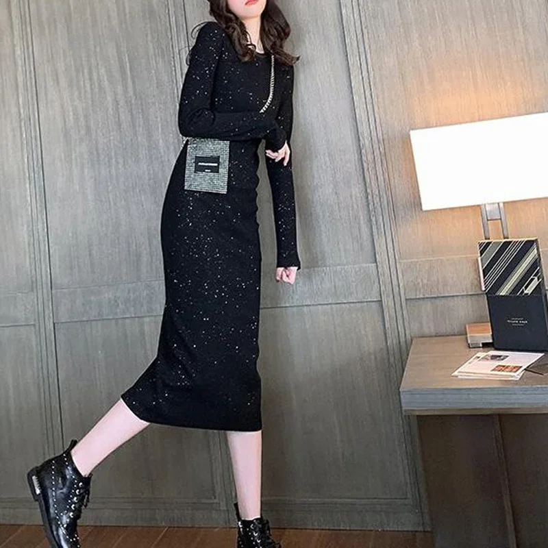 

GERMINATE Sequin Split Long Sleeve Dress Women Black Sexy Elegant Christmas Party Vestidos Casual Bandage Boho Vintage Dresses