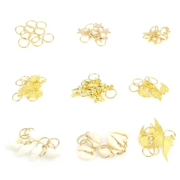 

50pcs Gold Shell Leaves Star Conch Snowflake Pendant Charms Rings Set Hair Clip Headband Accessories