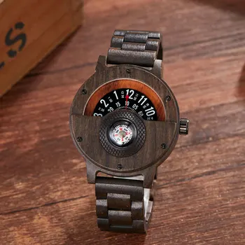 

New Unique Compass Turntable Number Dial Solid Wooden Watch Men Brown Wood Band Creative Natural Wood Wrist Watches Relogio