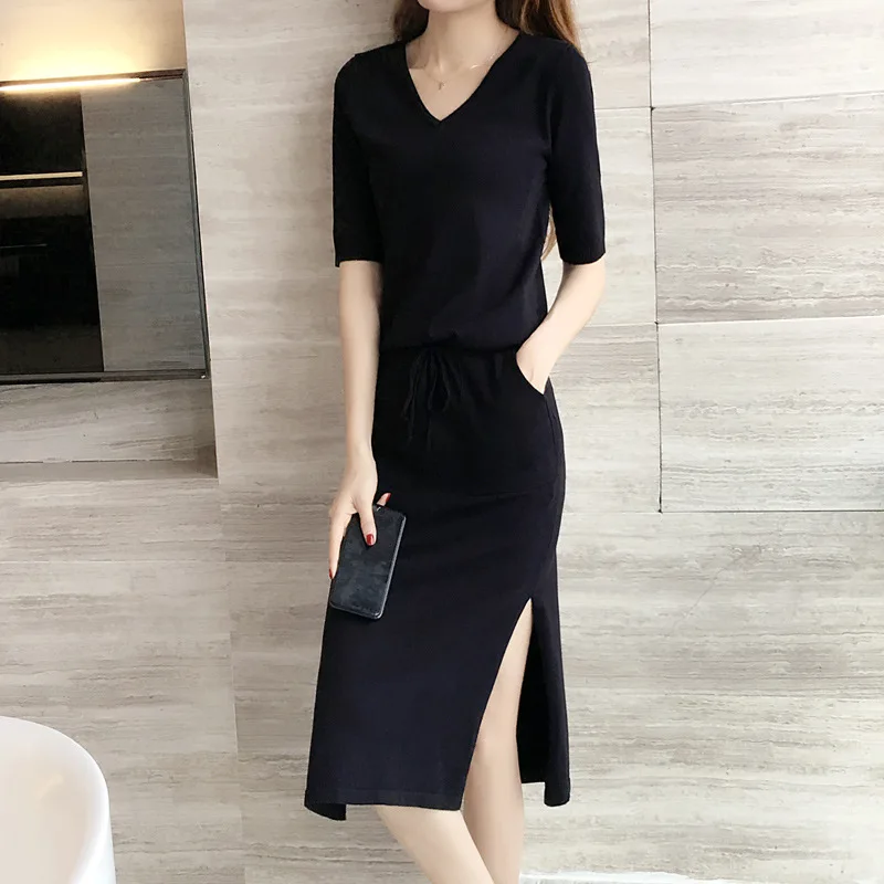 

Viscose Jersey Dress WOMEN'S Short Sleeved 2019 Summer New Style Korean-style Slimming V-neck Sheath Base Skirt