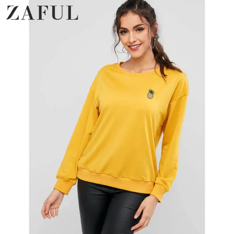 ZAFUL ананас вышитые падения плеча Ребристый Подол Толстовка желтый круглый воротник повседневные женские толстовки осень