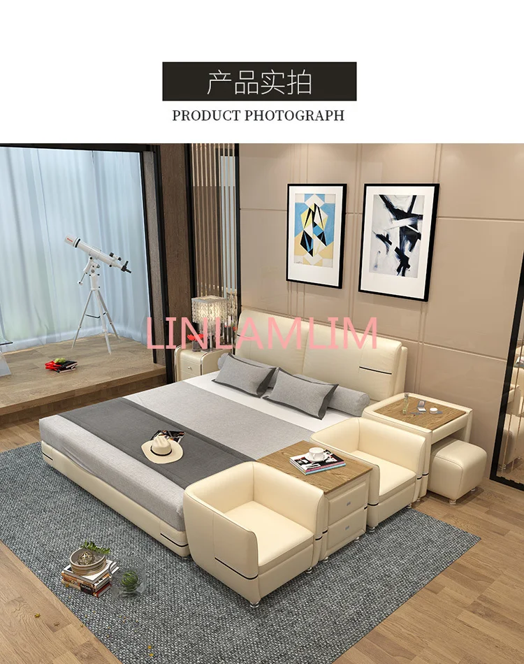 Real Genuine cow leather bed Soft Beds Bedroom camas lit muebles de dormitorio yatak mobilya quarto dresser stool кровать двуспа